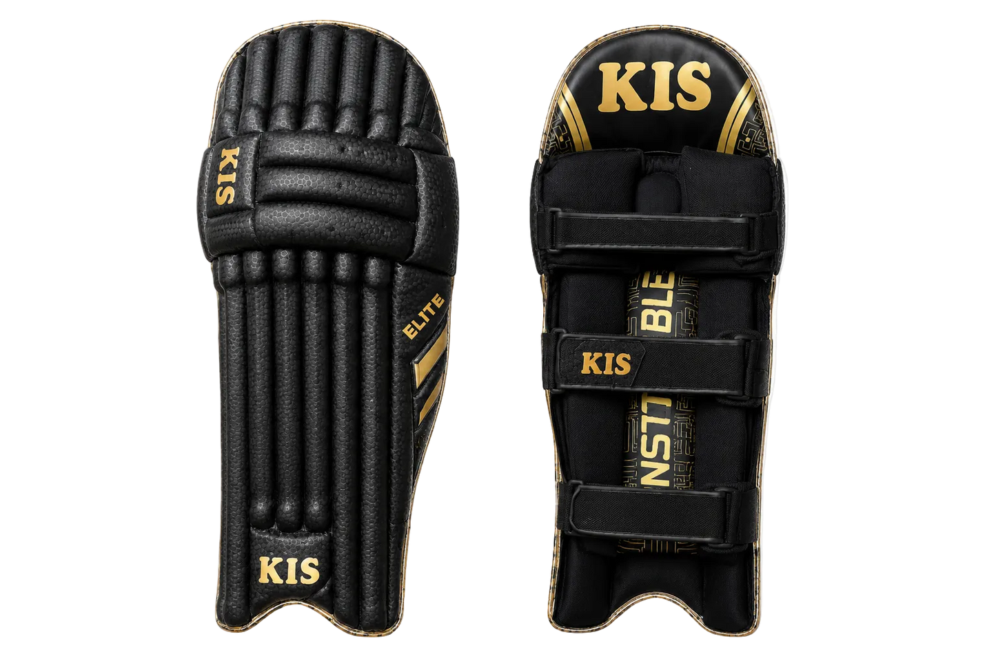 Black and gold KIS cricket shin guards shown from both the front and back views on a white background.