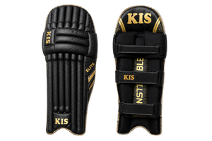 Black and gold KIS cricket shin guards shown from both the front and back views on a white background.