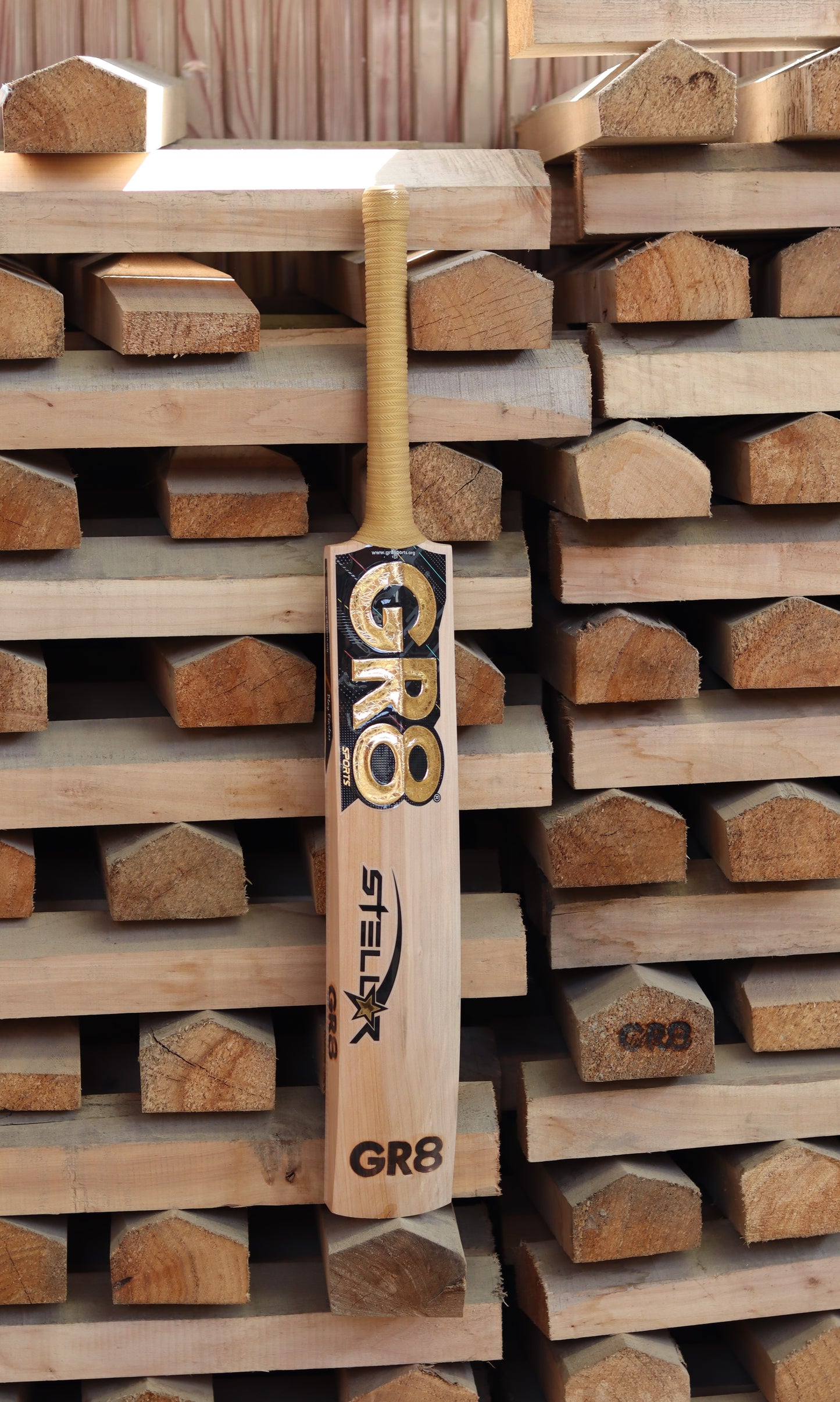 stellar top gold gr8 cricket bat for leather ball with premium Grade 1 willow wood full spine on back side view