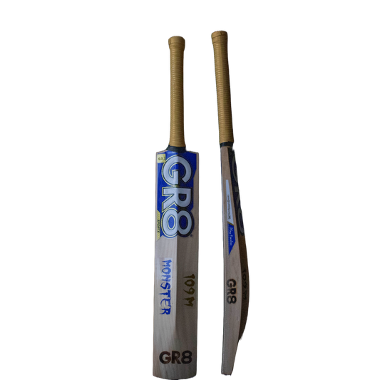 gr8 sports cricket bat for leather ball, back and side blade along with 109m name